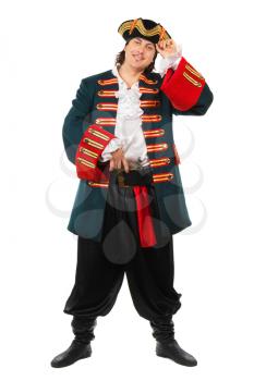 Young smiling man wearing pirate costume. Isolated on white 