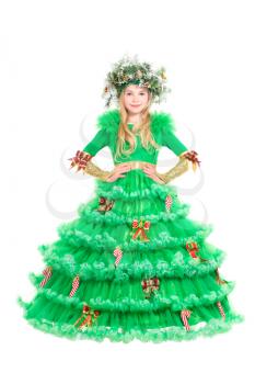 Beautiful little girl dressed in christmas tree costume. Isolated on white