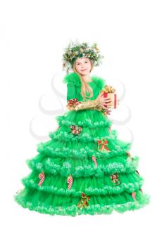 Little girl wearing christmas dress posing with gift box. Isolated on white