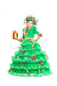 Beautiful little girl with present wearing like christmas tree. Isolated on white