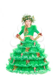Beautiful little blonde dressed in christmas tree costume. Isolated on white