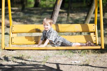 Funny little boy posing on a swing in the park