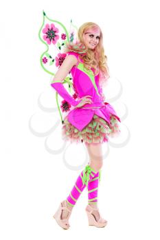 Pretty smiling woman posing in green and pink butterfly costume. Isolated on white
