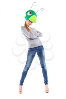 Young leggy woman posing in grasshopper hat. Isolated on white