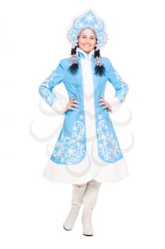Young brunette in snow maiden costume. Isolated on white
