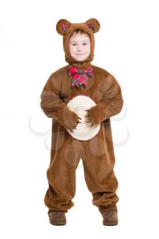 Cute little boy posing in a bear costume. Isolated on white