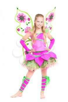 Cheerful barefooted girl posing in fairy costume. Isolated on white