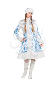 Young woman in a suit of snow maiden posing. Isolated on white