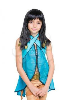 Beautiful little girl dressed in Cleopatra suit. Isolated on white