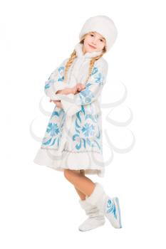 Nice little girl posing in snow maiden costume. Isolated on white