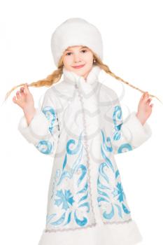 Playful little blonde posing in winter costume. Isolated on white