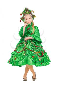 Pretty smiling girl wearing like a christmas tree. Isolated on white