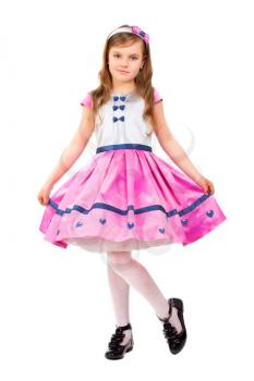 Nice little girl wearing white and pink dress. Isolated