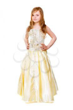 Little girl posing in nice golden dress. Isolated on white
