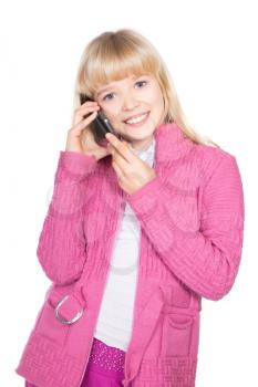 Portrait of cheerful blond girl talking on the phone. Isolated on white