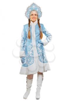 Smiling woman wearing blue costume of snow maiden. Isolated on white

