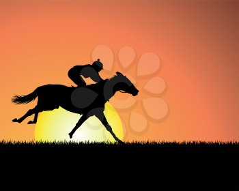Royalty Free Clipart Image of a Person Riding a Horse at Sunset