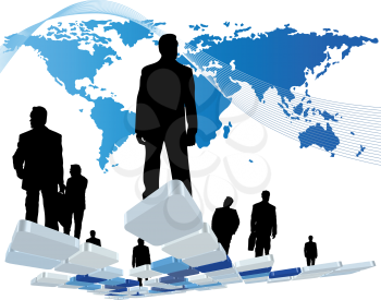 Worldwide business theme with silhouettes of man and map. Vector illustration.