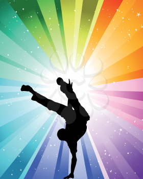 Brake dancer at the festive color rays and stars. Vector illustration for design use.