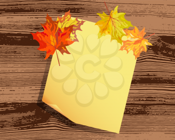Autumn maple tree leaves on  wooden plank. Vector illustration.