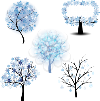 Wiinter tree set with snowflakes leaves. Vector illustration with transparency EPS10.