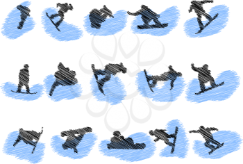 Set of snowboard athlete grunge silhouettes. Fully editable EPS 10 vector illustration.