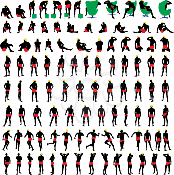 Naked mens silhouette set 100 items. Very smooth and detailed with color hairstyle. Vector illustration.    