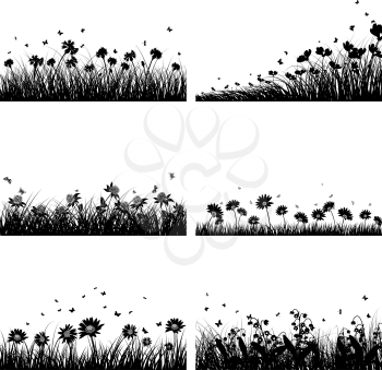 Set of 6 Meadow Backgrounds With Flowers and Butterflies.