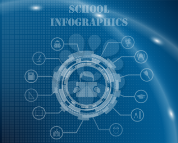 School Infographic Template From Technological Gear Sign, Lines and Icons. Elegant Design With Transparency on Blue Checkered Background With Light Lines and Flash on It. Vector Illustration.   