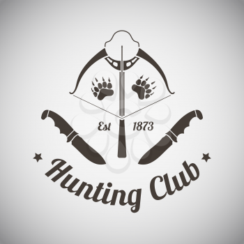 Hunting Vintage Emblem. Crossbow With Two Knifes and Bear Trails. Suitable for Advertising, Hunt Equipment, Club And Other Use. Dark Brown Retro Style.  Vector Illustration. 