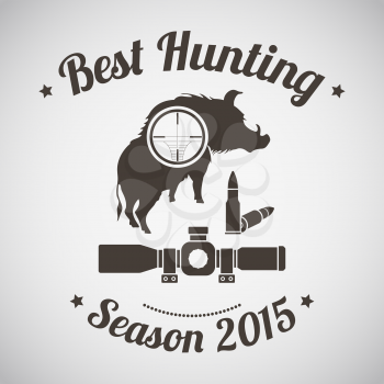 Hunting Vintage Emblem. Wild Boar Silhouette With Scope on It and Rifle Ammo.  Suitable for Advertising, Hunt Equipment, Club And Other Use. Dark Brown Retro Style.  Vector Illustration. 
