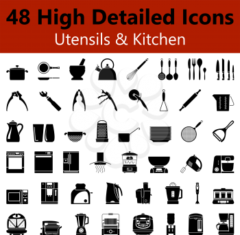 Set of High Detailed Utensils and Kitchen Smooth Icons in Black Colors. Suitable For All Kind of Design (Web Page, Interface, Advertising, Polygraph and Other). Vector Illustration. 