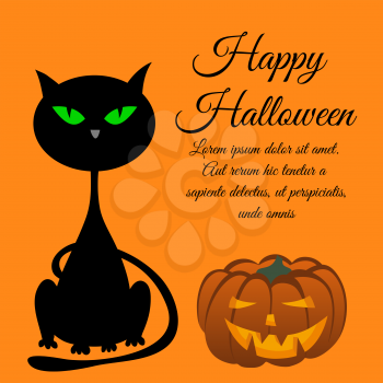 Happy Halloween Greeting Card. Elegant Design With Sitting Cat With Green Eyes and Smiling Pumpkin Over Orange Background.  Vector illustration.