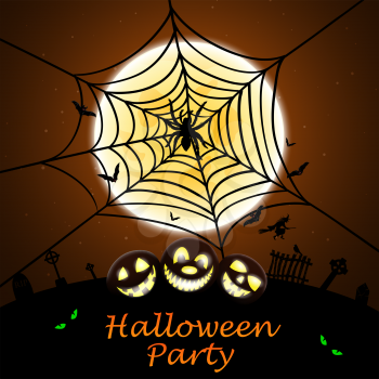 Happy Halloween Greeting (Invitation)  Card. Elegant Design With Smiling Pumpkin in Front of Moon and Spider With Web Over Grunge Orange Background. Vector illustration.