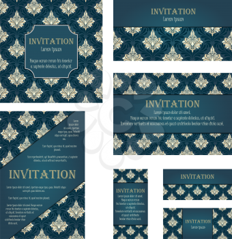 Set of Invitation Cards in Different  Size and Formats. Elegant Royal Damask Rococo Style With Text Space. Vector Illustration.