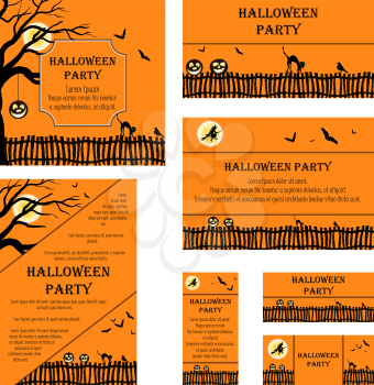 Set of Invitation Cards in Different  Size and Formats. Elegant Halloween Design With Tree, Moon, Witch, Fence, Bat, Cat And Raven Over Orange Background With Copy Space. Vector Illustration.