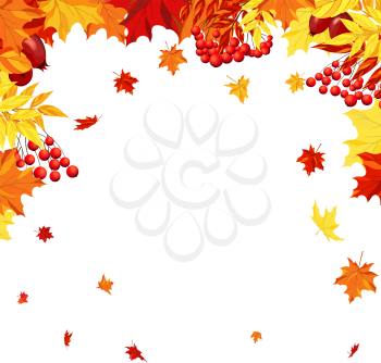 Autumn  Frame With Maple, Rowan and Dog Rose Leaves and Berries Over White Background. Elegant Design with Text Space and Ideal Balanced Colors. Vector Illustration.