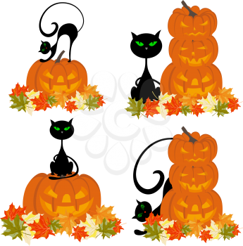 Set of Halloween Greeting Cards. Elegant Design With Black Cats, Pumpkin and Maple Leaves Over White  Background. Vector illustration.