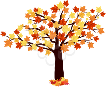 Autumn Maple Tree With Falling Leaves on White Background. Elegant Design with Ideal Balanced Colors. Vector Illustration.