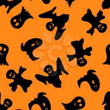 Halloween holiday seamless pattern with smiling ghosts over orange background for creating Halloween designs.  Vector illustration.