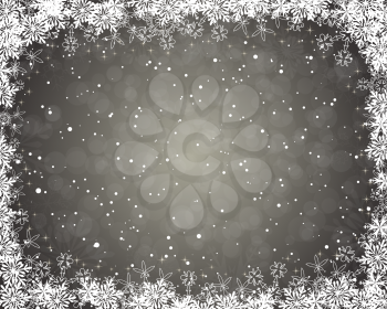 Elegant Christmas greeting card with snowflakes frame and circles glare. Sepia background with copy space.  Also suitable for New Year design.  Vector Illustration.