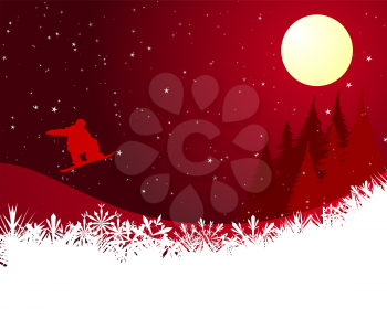 Jumping  snowboarder silhouette over red night  winter forest.  Vector illustration.