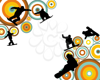 Jumping  snowboarder silhouette  over abstract circles retro colors background. Vector illustration.