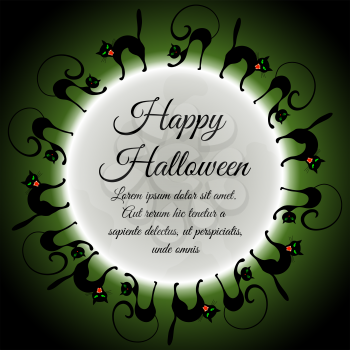 Happy Halloween Greeting Card. Elegant Design With Moon on Green Sky and Different Cats Around Moon.  Vector illustration.