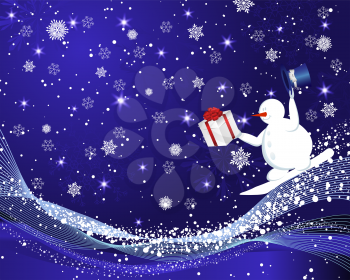 Elegant Christmas greeting card snowman gliding on snowboard, swinging hand with hat and holding gift in another hand. Blue background with white snowflakes. Also suitable for new year cute design. Ve
