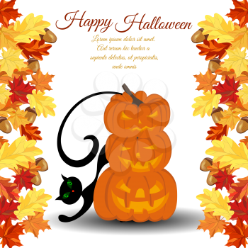 Halloween greeting (invitation) card. Elegant design from maple and oak leaves frame and pumpkin pyramid with black cat behind it over white background. Vector illustration.