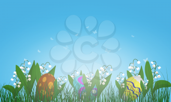 Easter eggs on springtime meadow with blue sky. Vector illustration.