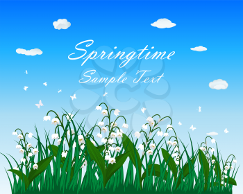 Springtime meadow with blue sky and butterflies. Vector illustration.
