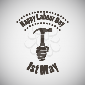 Labour day emblem with hammer in hand. Vector illustration. 