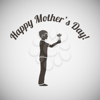 Mother's day emblem with boy gifting bouqet of tulips. Vector illustration. 